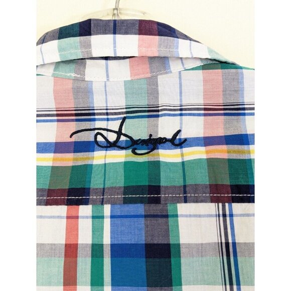 Desigual Art To Wear Button Up Shirt Mens XXL Blue Plaid Cotton Short Sleeve - Picture 5 of 11